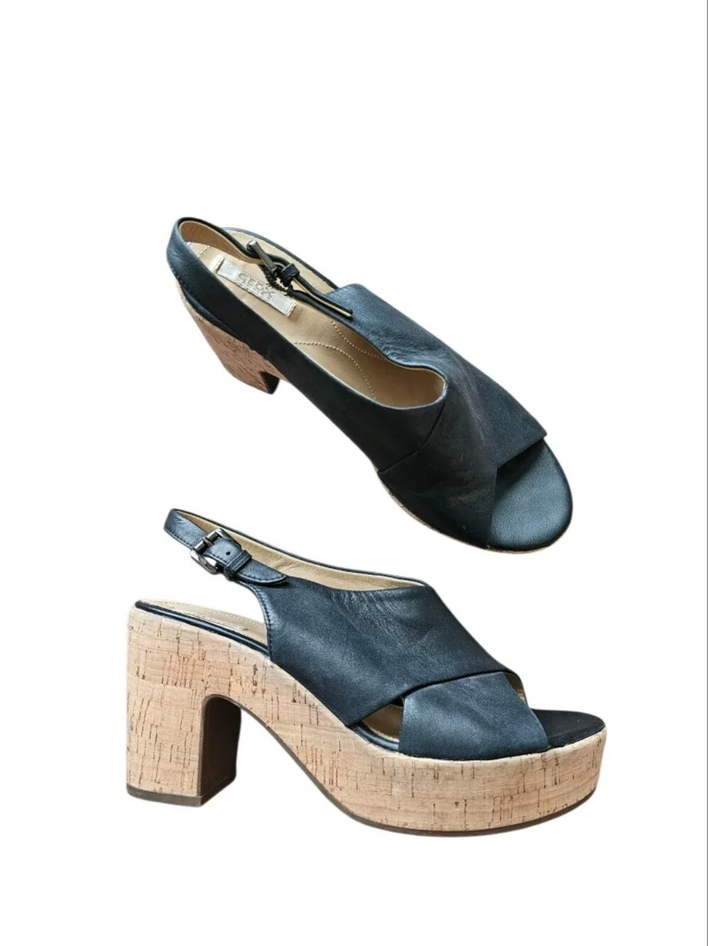 GEOX Black Leather Cork Platform Slingback Heels Size 38 EU